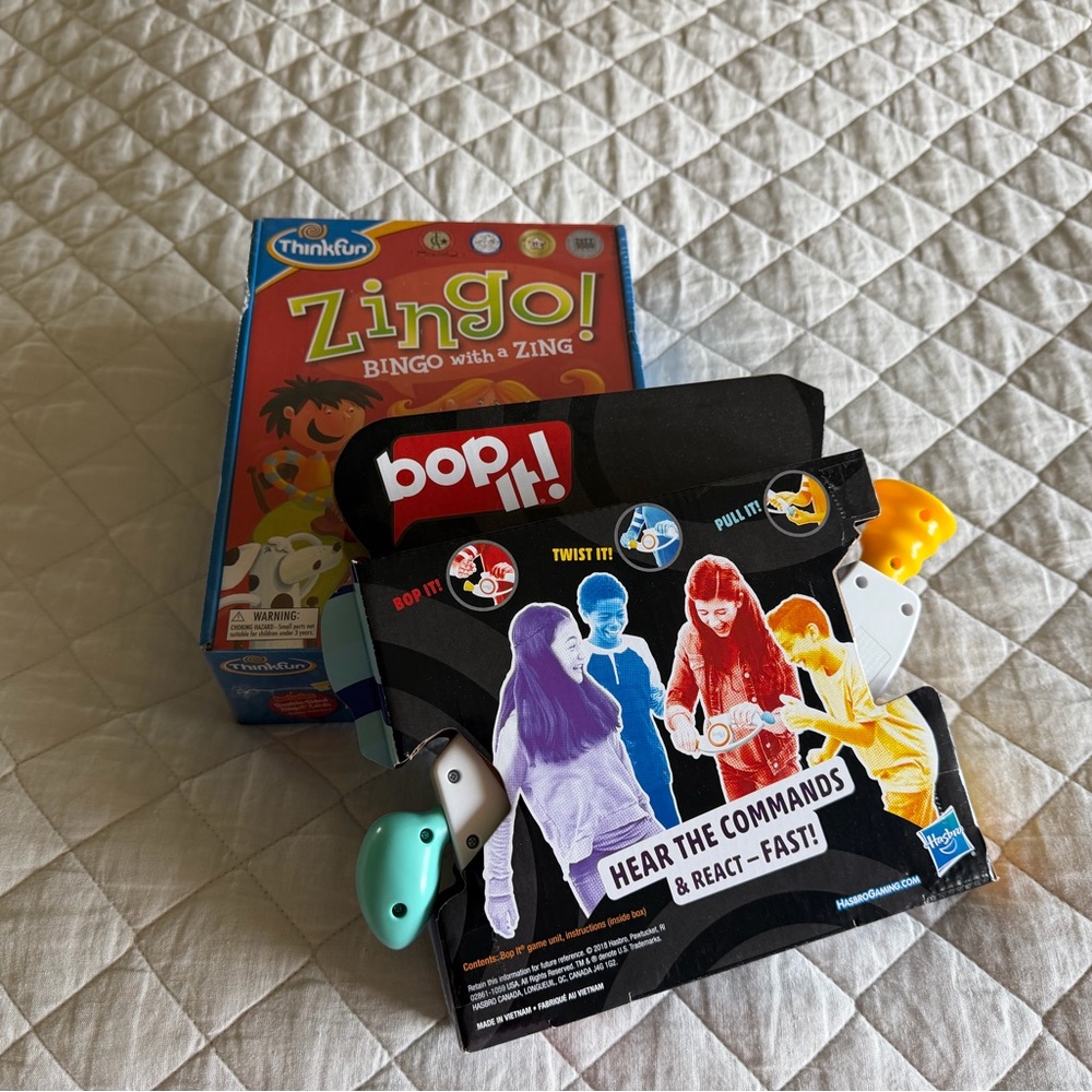 Hasbro Bop It! and ThinkFun Zingo! Game Set - Blue, White, Yellow